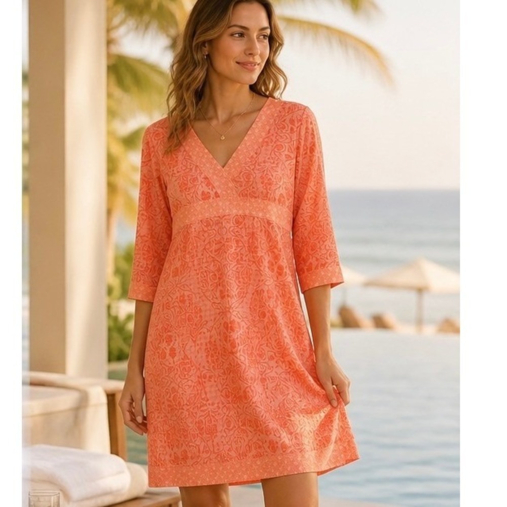 Tommy Bahama Shift Dress Large Coral Orange Floral Damask 3/4 Slv